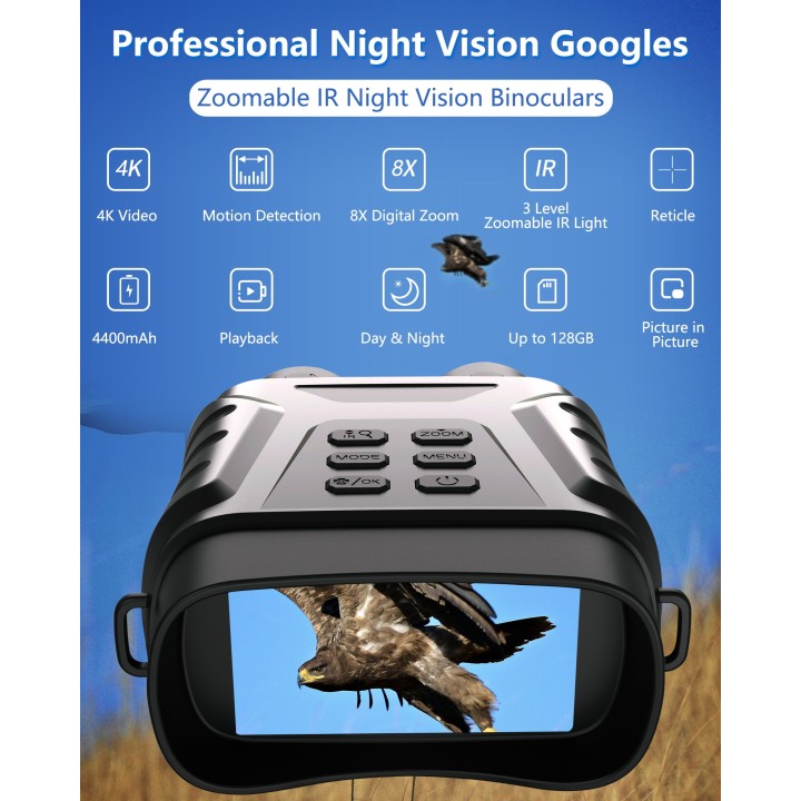 EOQO NV8300 4K Digital Night Vision Goggles | 1312ft Range, 8X Zoom, Sony Sensor, Motion Detection, 32GB Storage