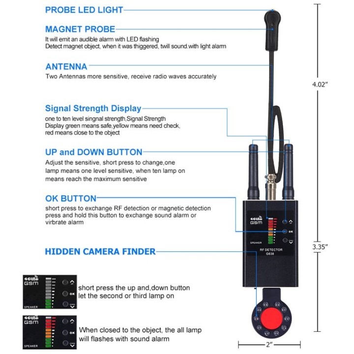 G638M Anti Spy Detector - Hidden Camera, GPS Tracker, RF Signal & Radiation Scanner, WIFI Bug Finder