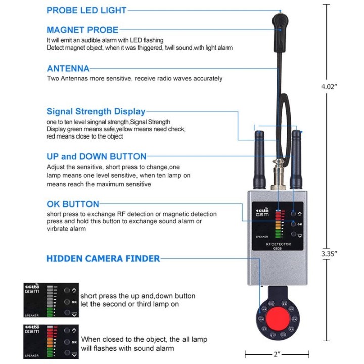 G638WM Anti-Spy Detector: GPS Tracker, Hidden Camera Finder, RF Signal & Radiation Scanner