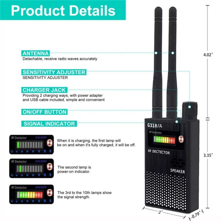 G318A Wireless Anti-Surveillance Detector – Detect GPS Trackers, Hidden Cameras, Bugs & More (300-2700MHz)