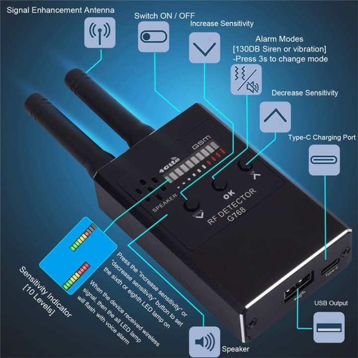 G768 Anti Spy Detector – Hidden Camera, GPS Tracker, RF Signal, Listening Device & Radiation Detection Scanner