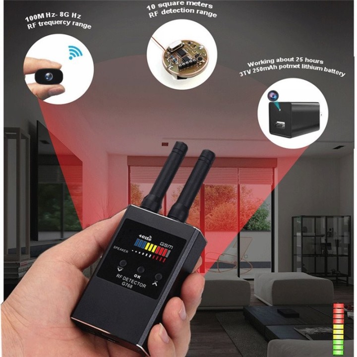 G768 Anti Spy Detector – Hidden Camera, GPS Tracker, RF Signal, Listening Device & Radiation Detection Scanner