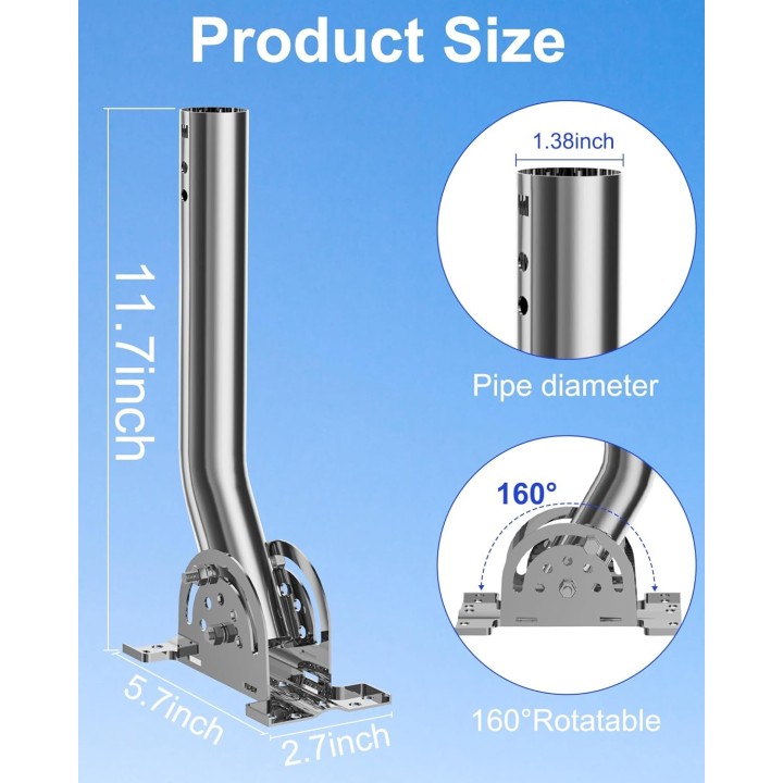 Heavy Duty Pivot Antenna Pole Mount, J-Pole Stainless Steel Mast (12", Φ1.38") for Wall, Roof, or Eave Mounting – Outdoor Device
