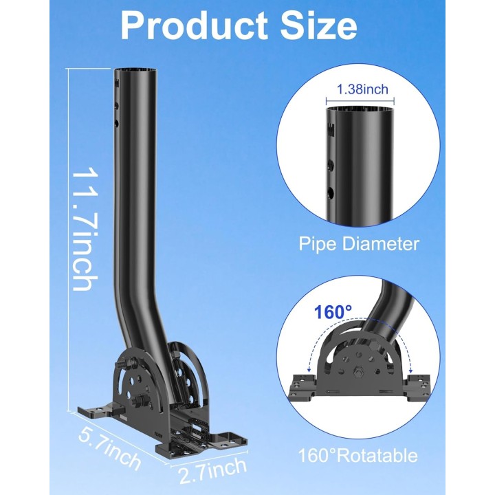 Heavy Duty Pivot Antenna Pole Mount, 12'' Stainless Steel J-Pipe Mast for Wall, Eave, Roof, and Starlink Installation