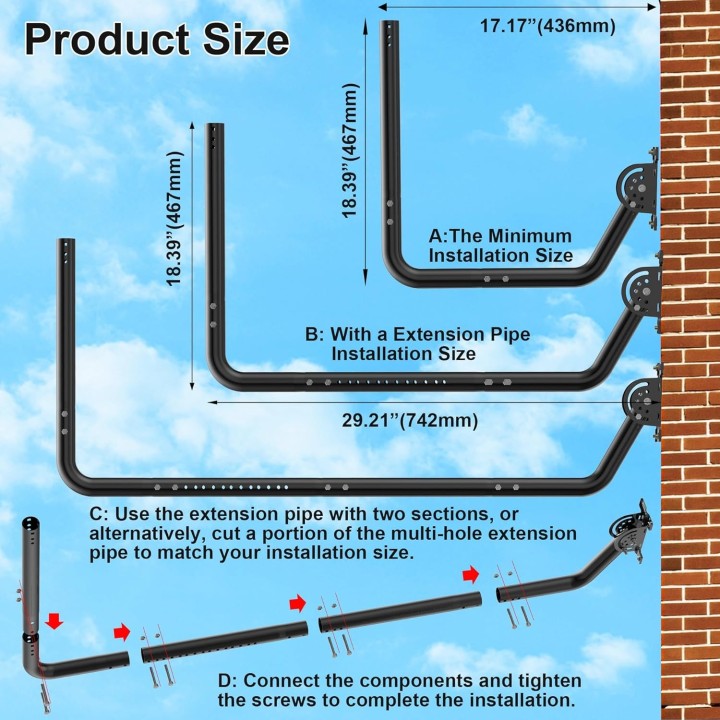 Heavy-Duty Long Wall Antenna Mount Kit with Adjustable Eave Pole, 90° Elbows, and Extension Pipe for TV, Starlink & More