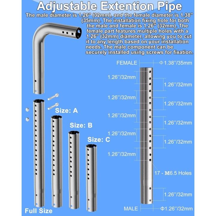 Stainless Steel Long Wall Antenna Mount Kit with Adjustable Extension Arm, 90° Elbows, for TV Antennas, Starlink, WiFi Extenders