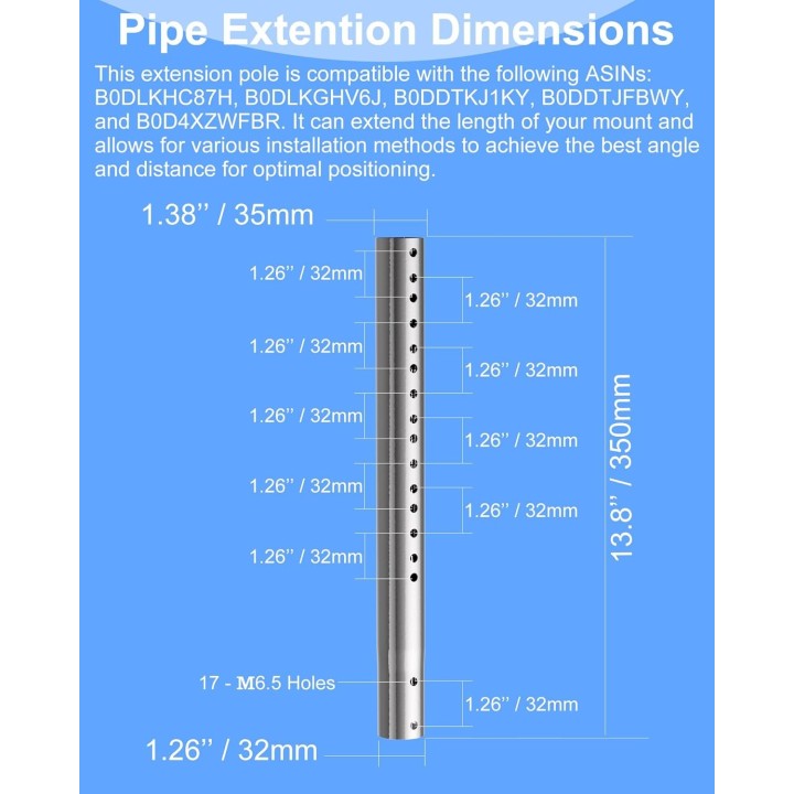 14'' Antenna Pole Mount Extension Tube with Adjustable Length, Dual-End Connectors, Compatible with EOQO Mounts, Stainless Steel