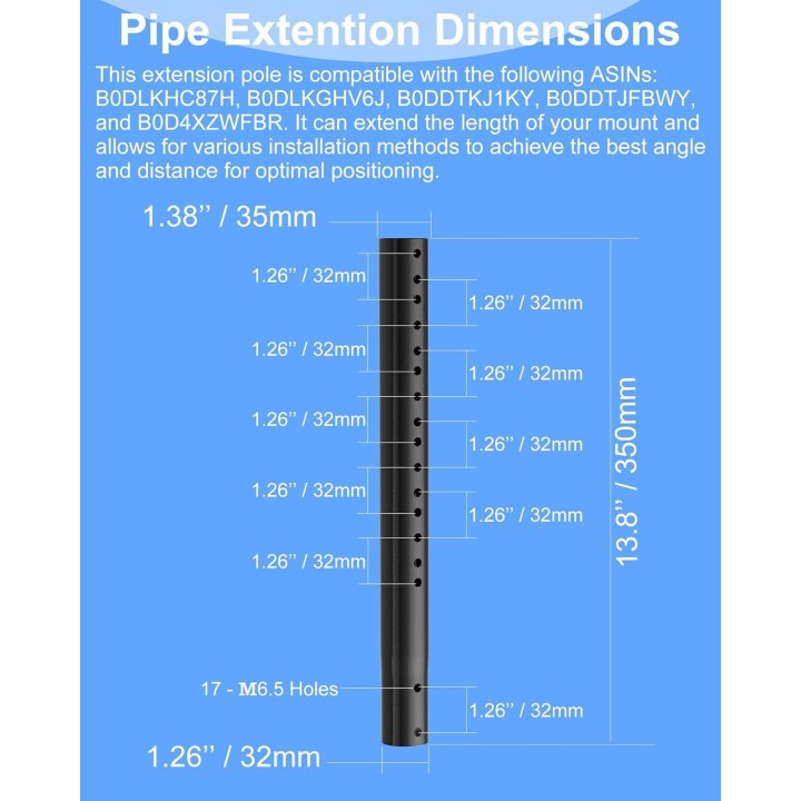 14" Antenna Pole Mount Extension Pipe - Adjustable Length, Dual-End Connectors, Iron, Compatible with EOQO Brackets, Black