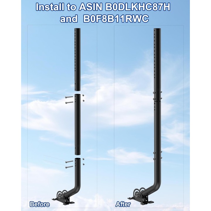 14" Antenna Pole Mount Extension Pipe - Adjustable Length, Dual-End Connectors, Iron, Compatible with EOQO Brackets, Black