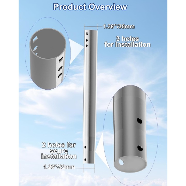 14" Stainless Steel Antenna Pole Extension with Dual Mounting Holes, Compatible with EOQO Mounts, Adjustable Length
