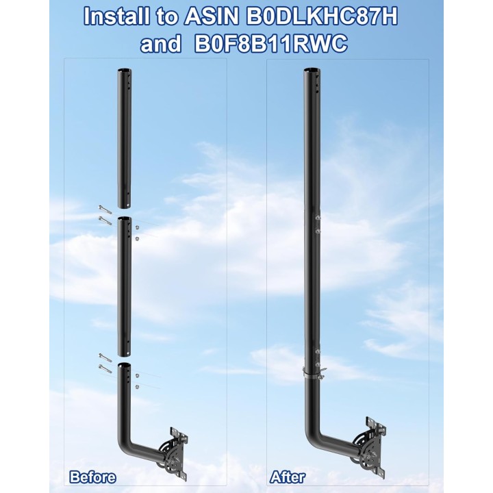 14" Antenna Pole Mount Extension Tube with Dual-End Connectors, Adjustable Length, Iron Construction for EOQO Antenna Brackets