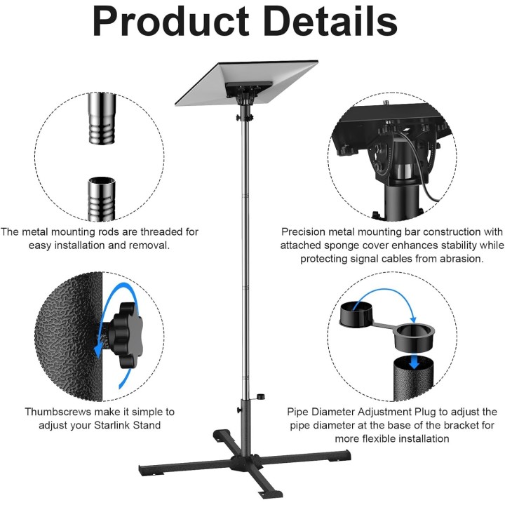 Starlink Gen 3 Tripod Mount – Adjustable Height (Max 47''), Foldable Stand with Pipe Adapter for Starlink Gen 3 Dishes