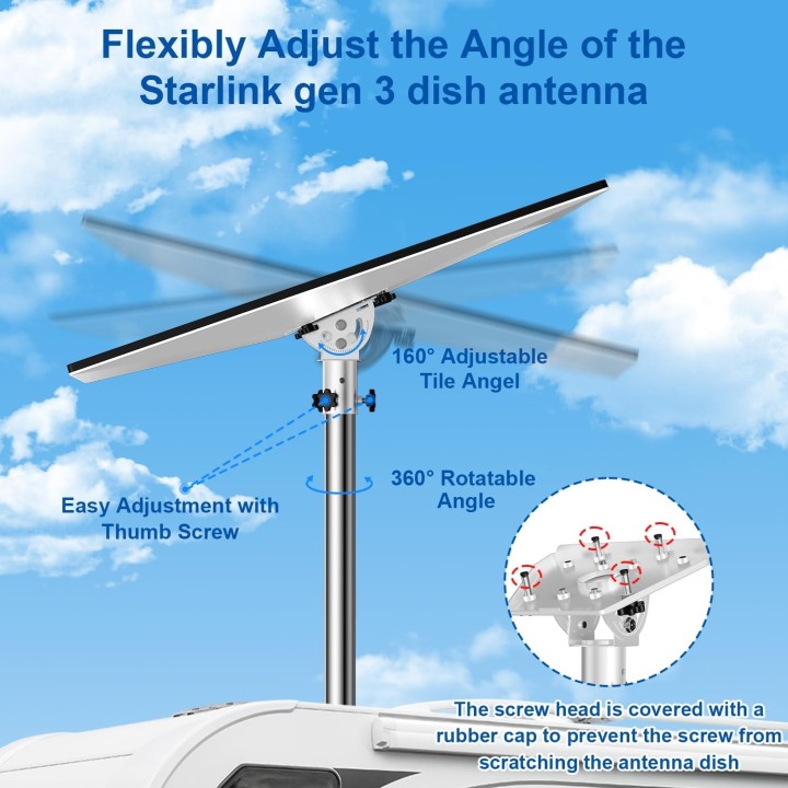 Starlink Gen 3 Mount Kit – Adjustable Pole Mount with 160° Tilt, Stainless Pipe Adapter for Gen 3 Dish, Fits Max 1.38" Poles