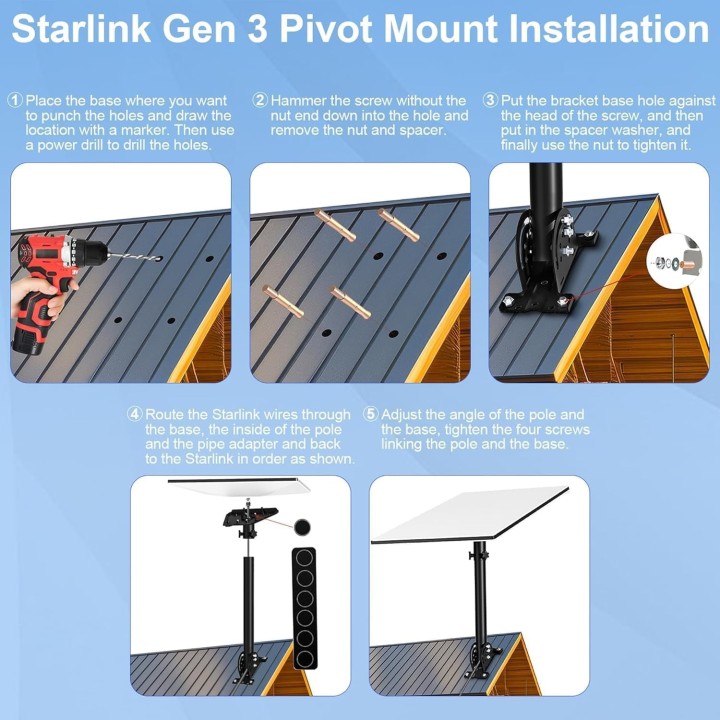 Starlink Gen 3 Mount – 360° Rotation Adjustable, Heavy Duty Stainless Roof Mount, Starlink Mounting Kit for Gen 3 Dish (Black)