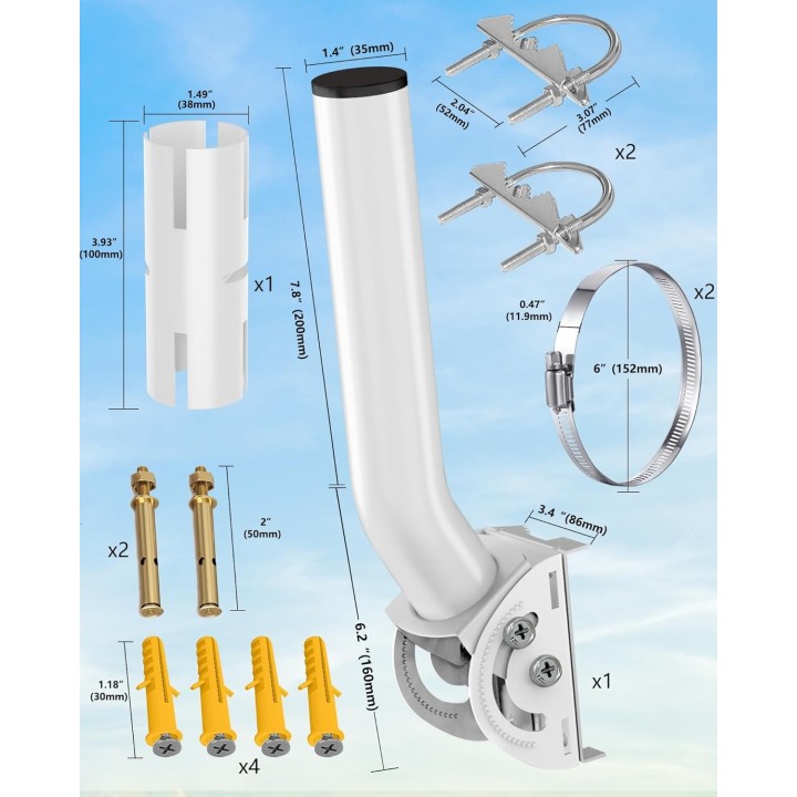 Starlink Mini & Gen 2 Wall Mount, Adjustable 160° Tilt, Waterproof Pole Mount Kit, Compatible with Starlink Dishes